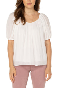 Double V Neck Shirred Woven Blouse