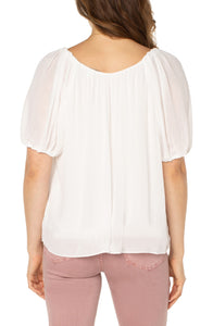 Double V Neck Shirred Woven Blouse