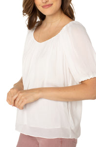 Double V Neck Shirred Woven Blouse