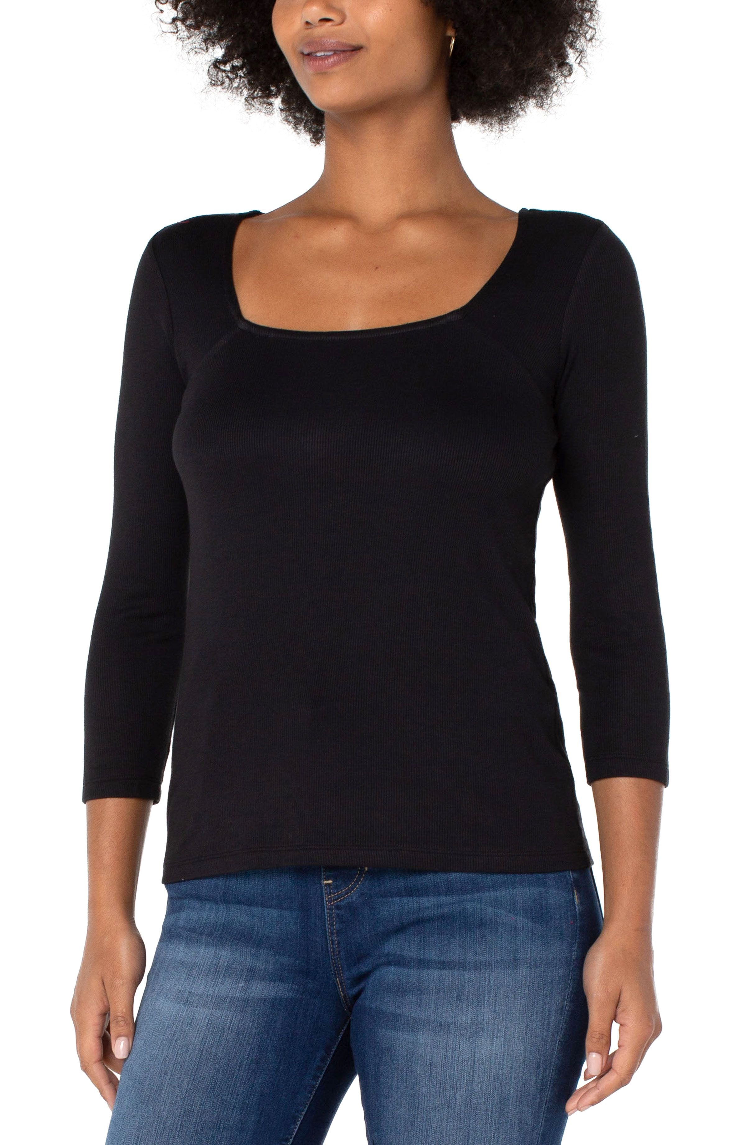 Square Neck 3/4 Sleeve Rib Knit Top