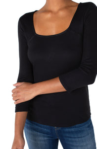 Square Neck 3/4 Sleeve Rib Knit Top