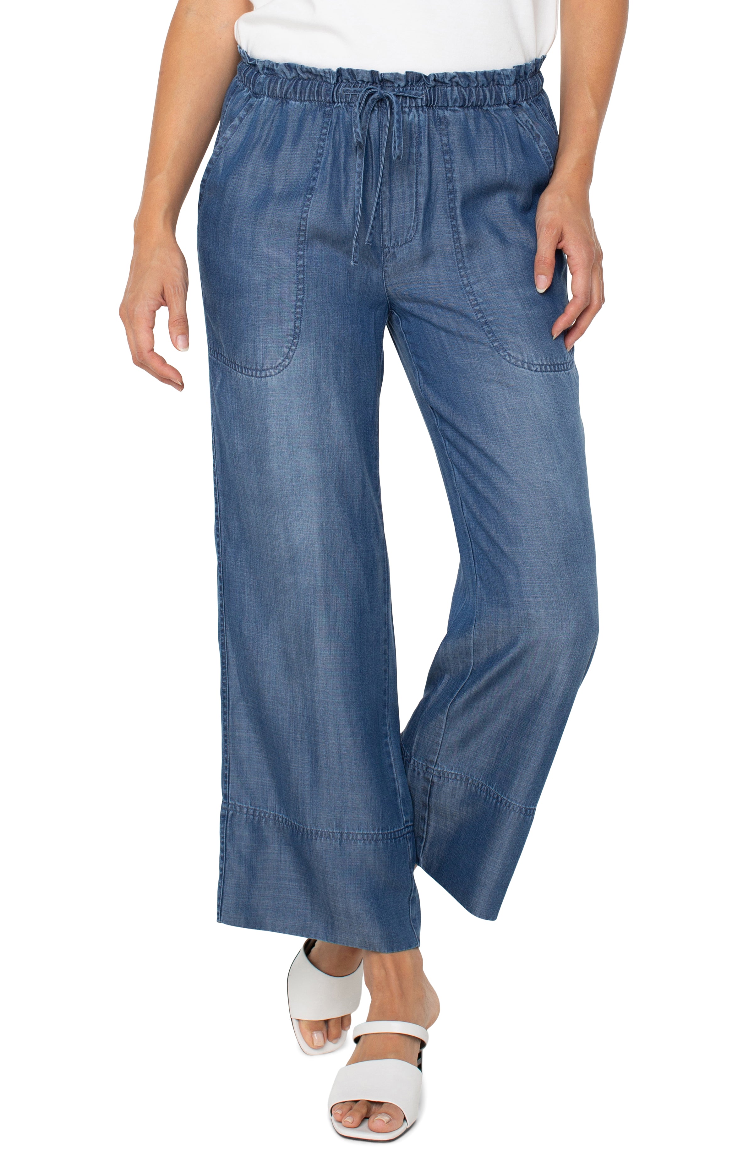 Pull On Tie Waist Wide Leg Ankle Pant