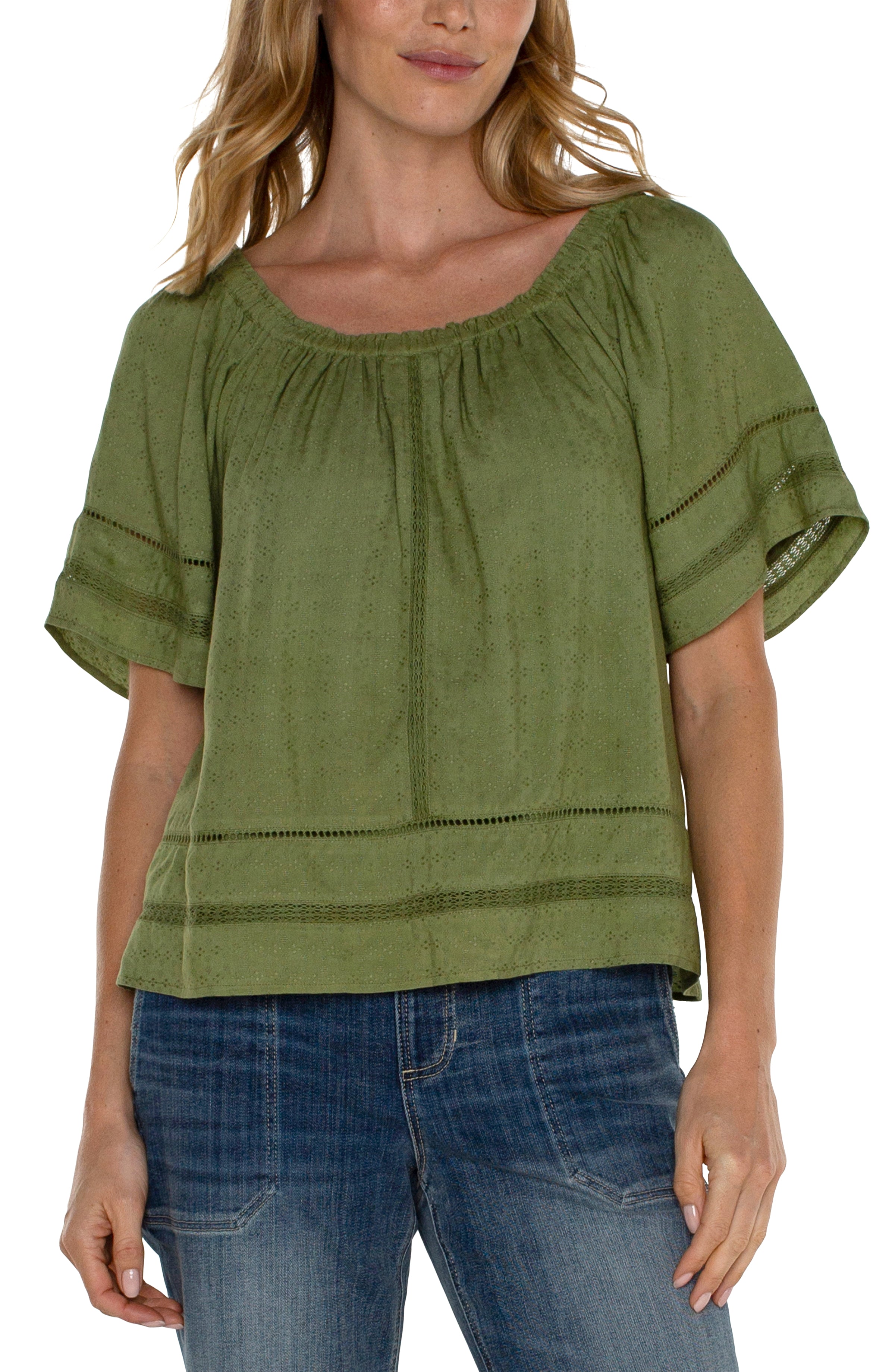 Cropped Bell Sleeve Woven Top w/ Lace Trim