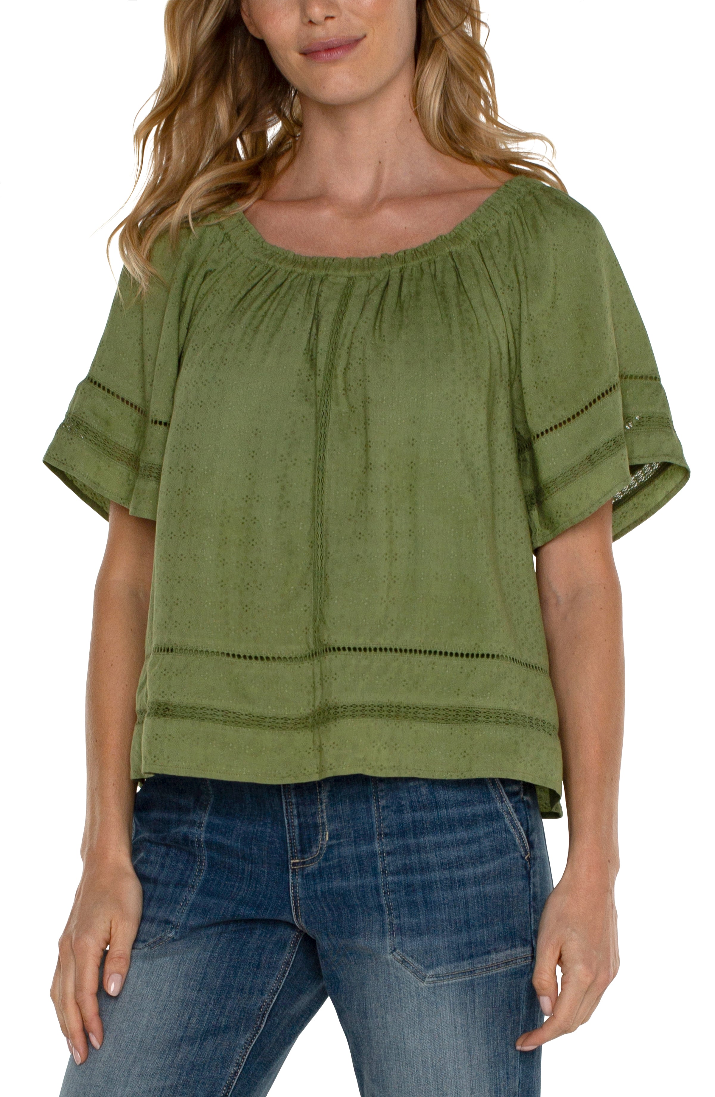 Cropped Bell Sleeve Woven Top w/ Lace Trim