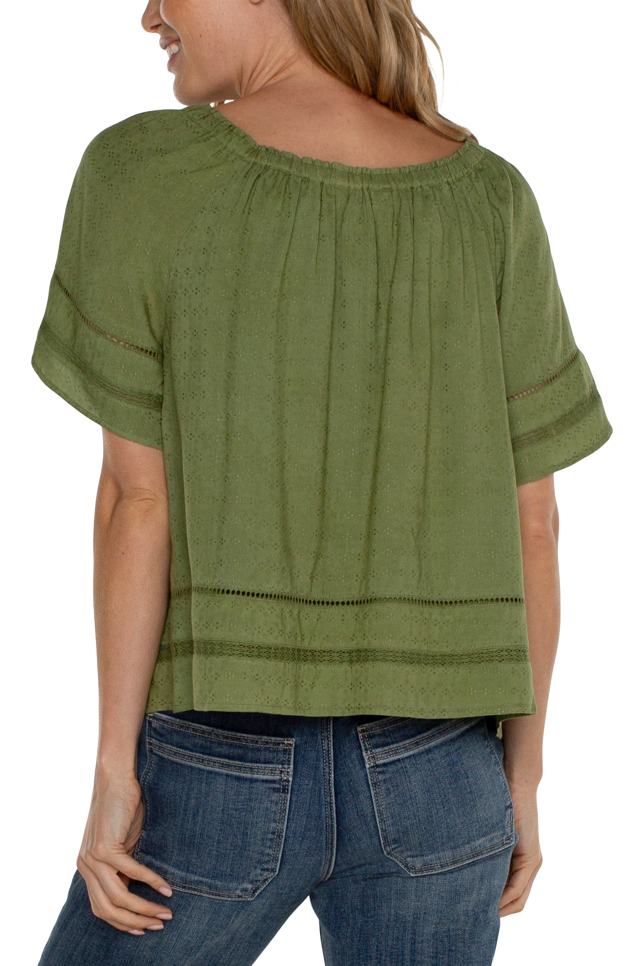 Cropped Bell Sleeve Woven Top w/ Lace Trim