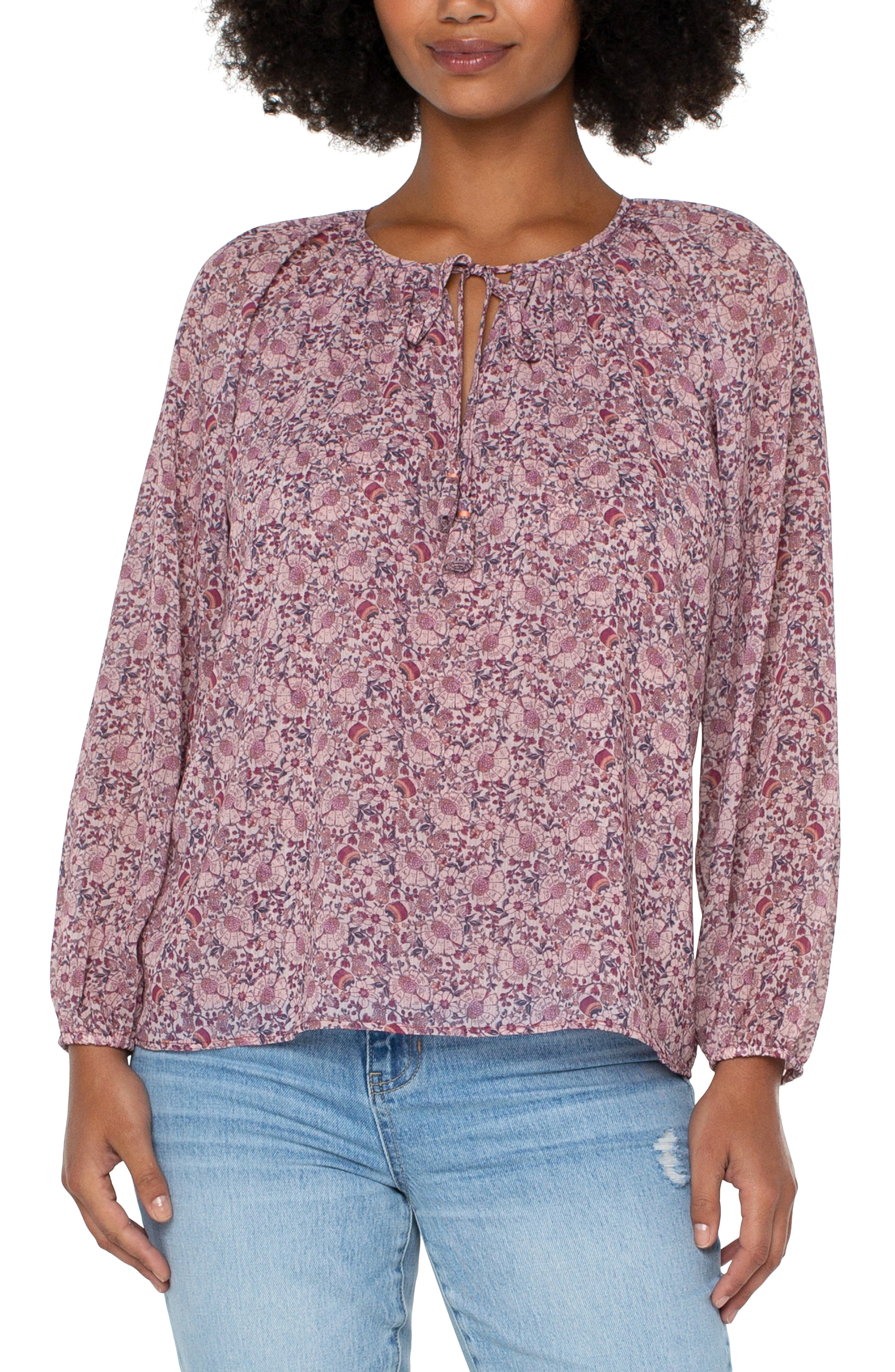 Double Layered Long Sleeve Shirred Blouse W/ Neck Ties