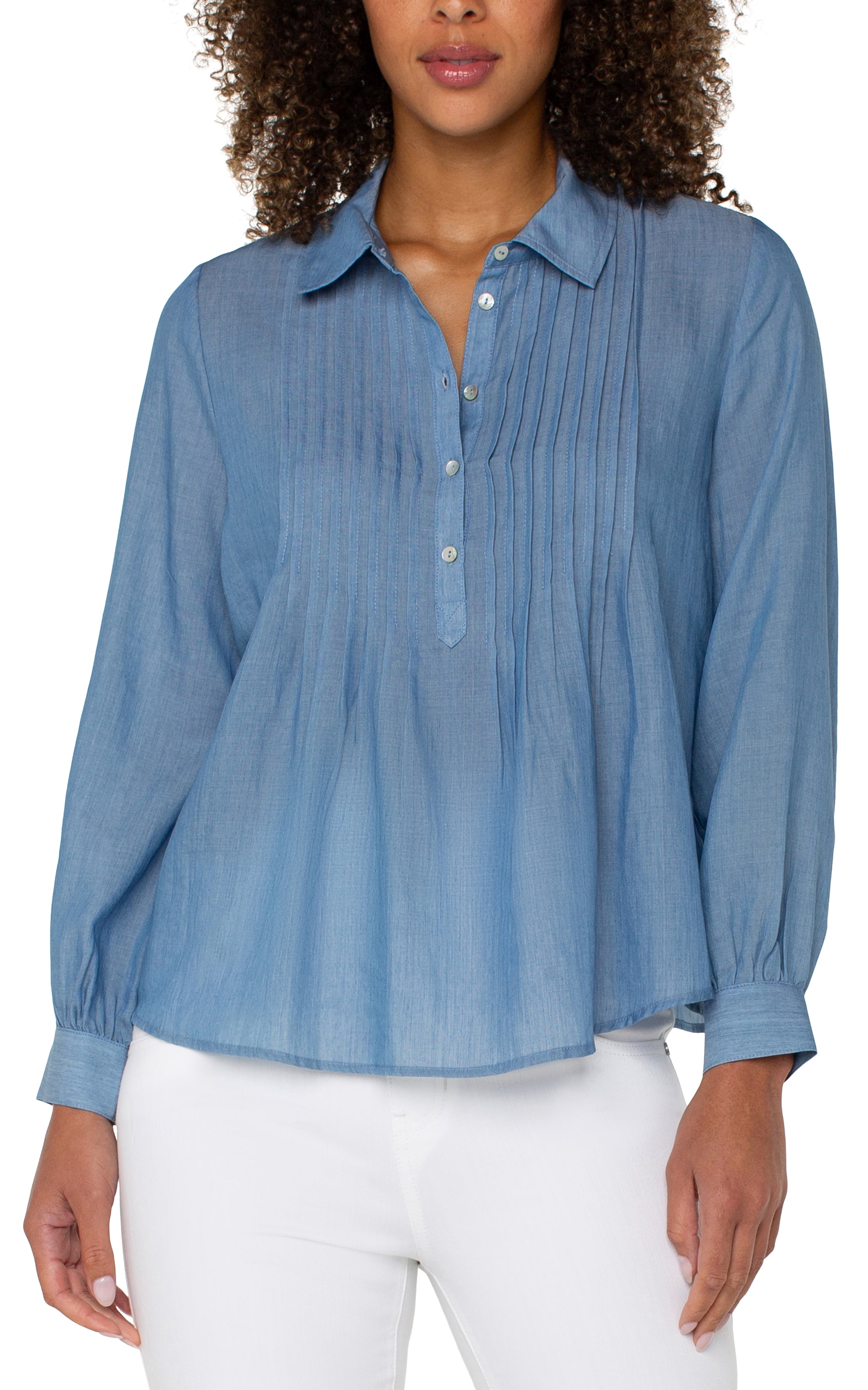Long Sleeve Popover Woven Blouse With Pintucks