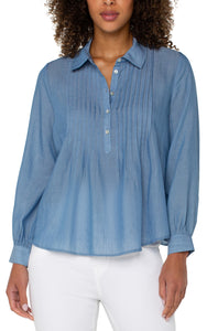 Long Sleeve Popover Woven Blouse With Pintucks