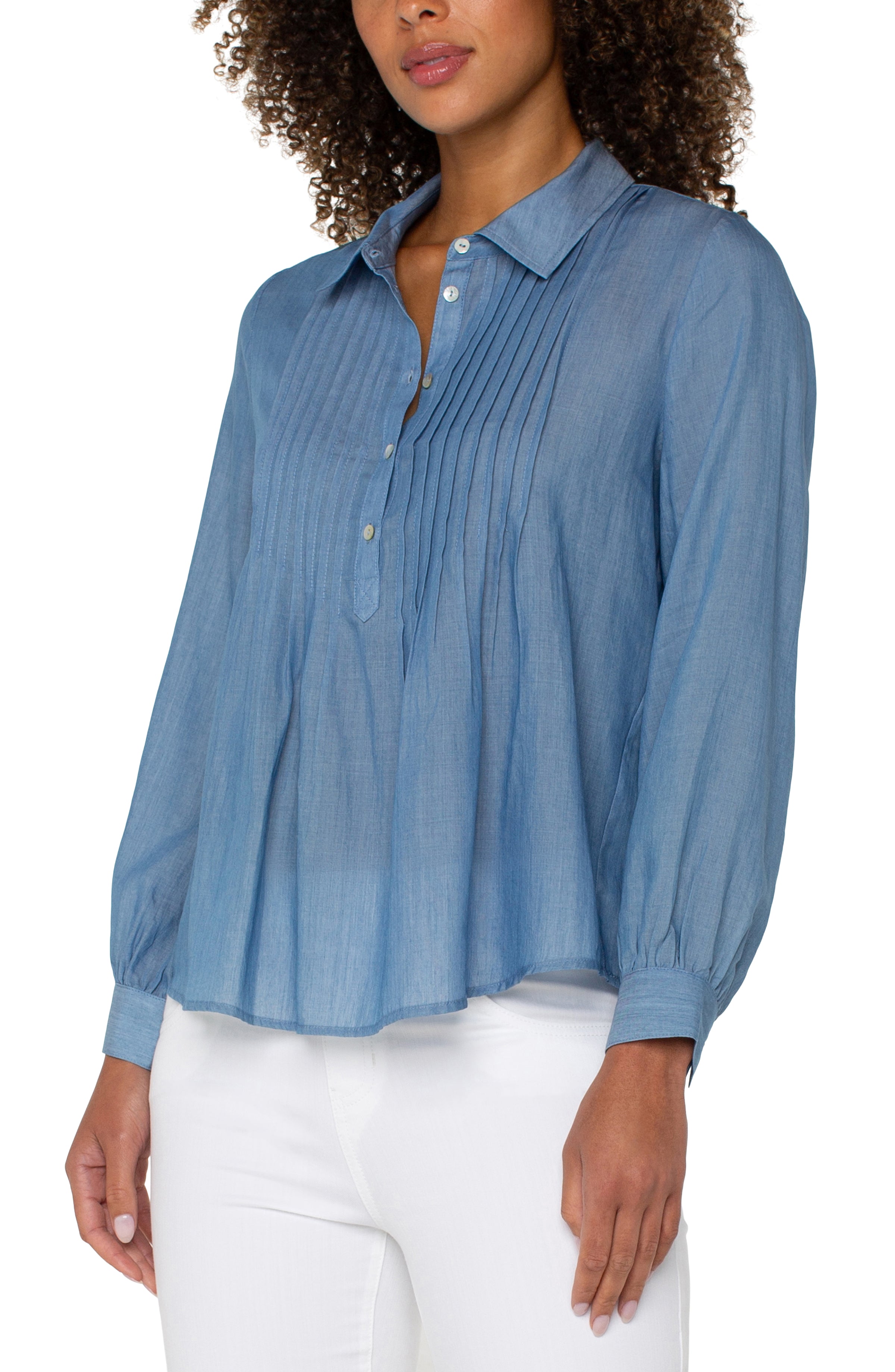 Long Sleeve Popover Woven Blouse With Pintucks