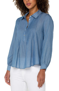 Long Sleeve Popover Woven Blouse With Pintucks
