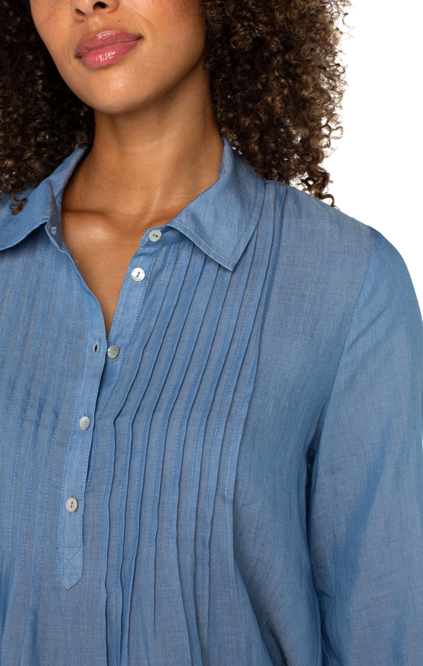 Long Sleeve Popover Woven Blouse With Pintucks