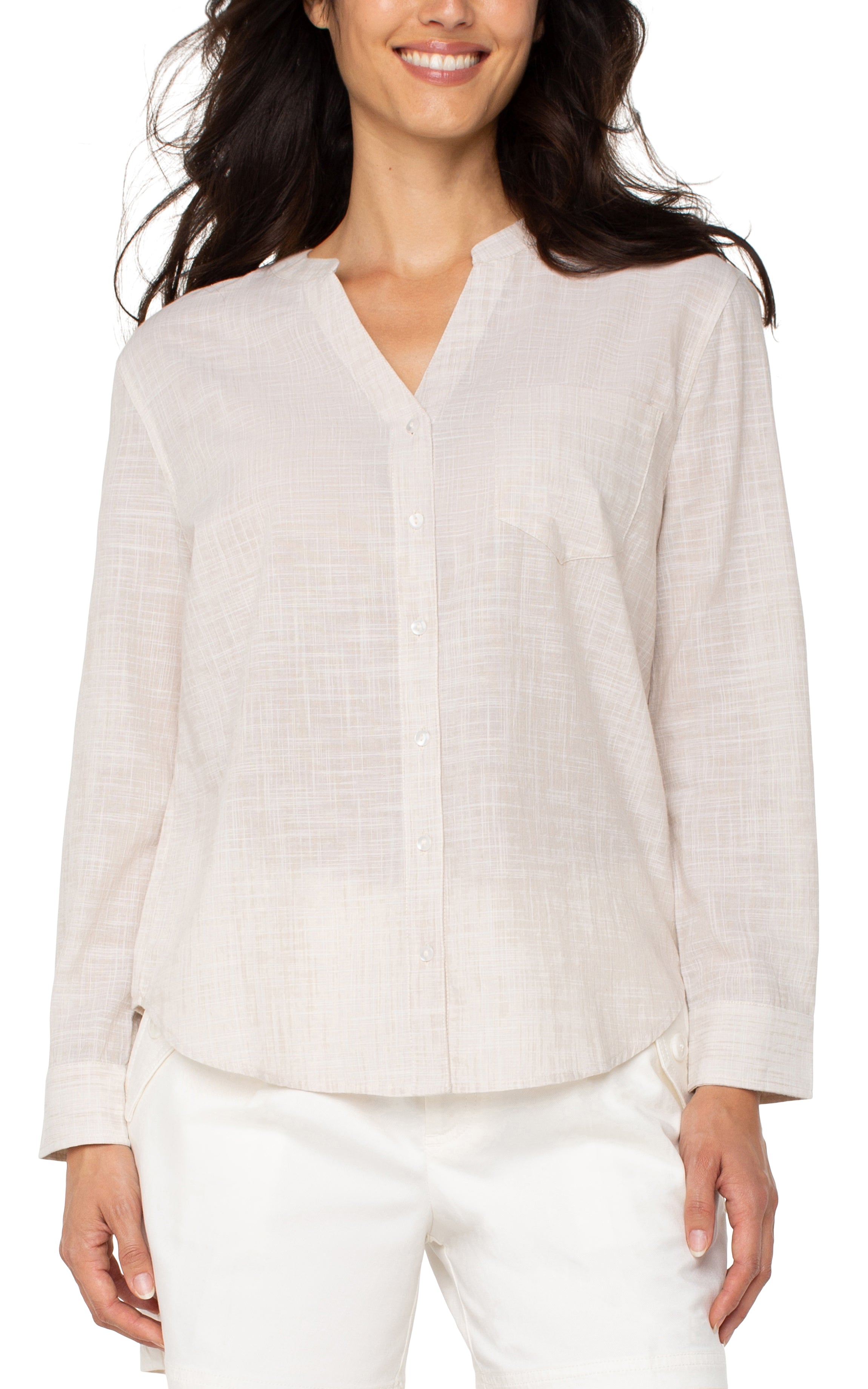 Button Front Woven Shirt With Banded Collar