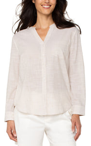 Button Front Woven Shirt With Banded Collar