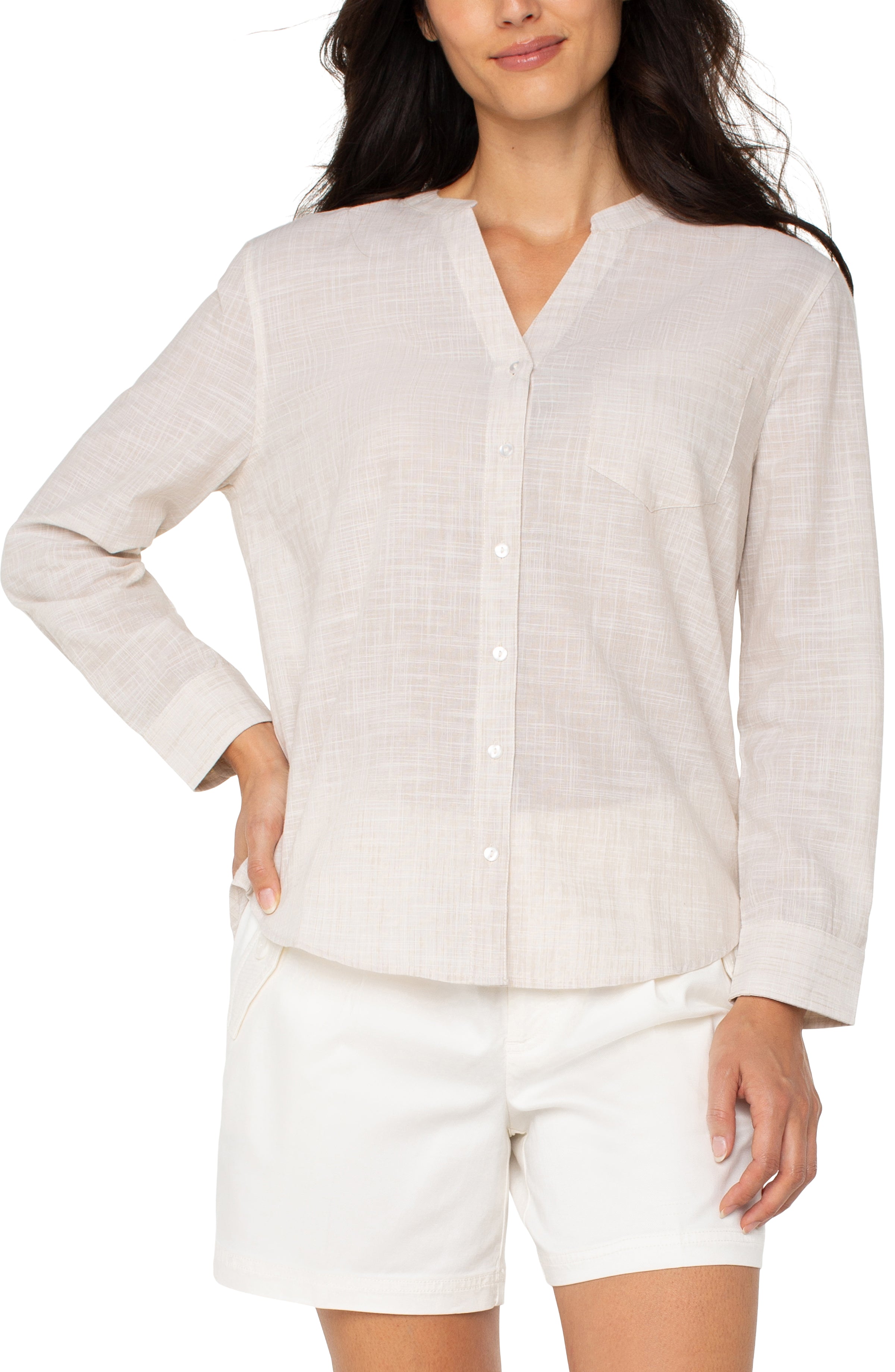 Button Front Woven Shirt With Banded Collar