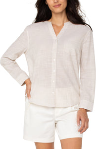 Button Front Woven Shirt With Banded Collar