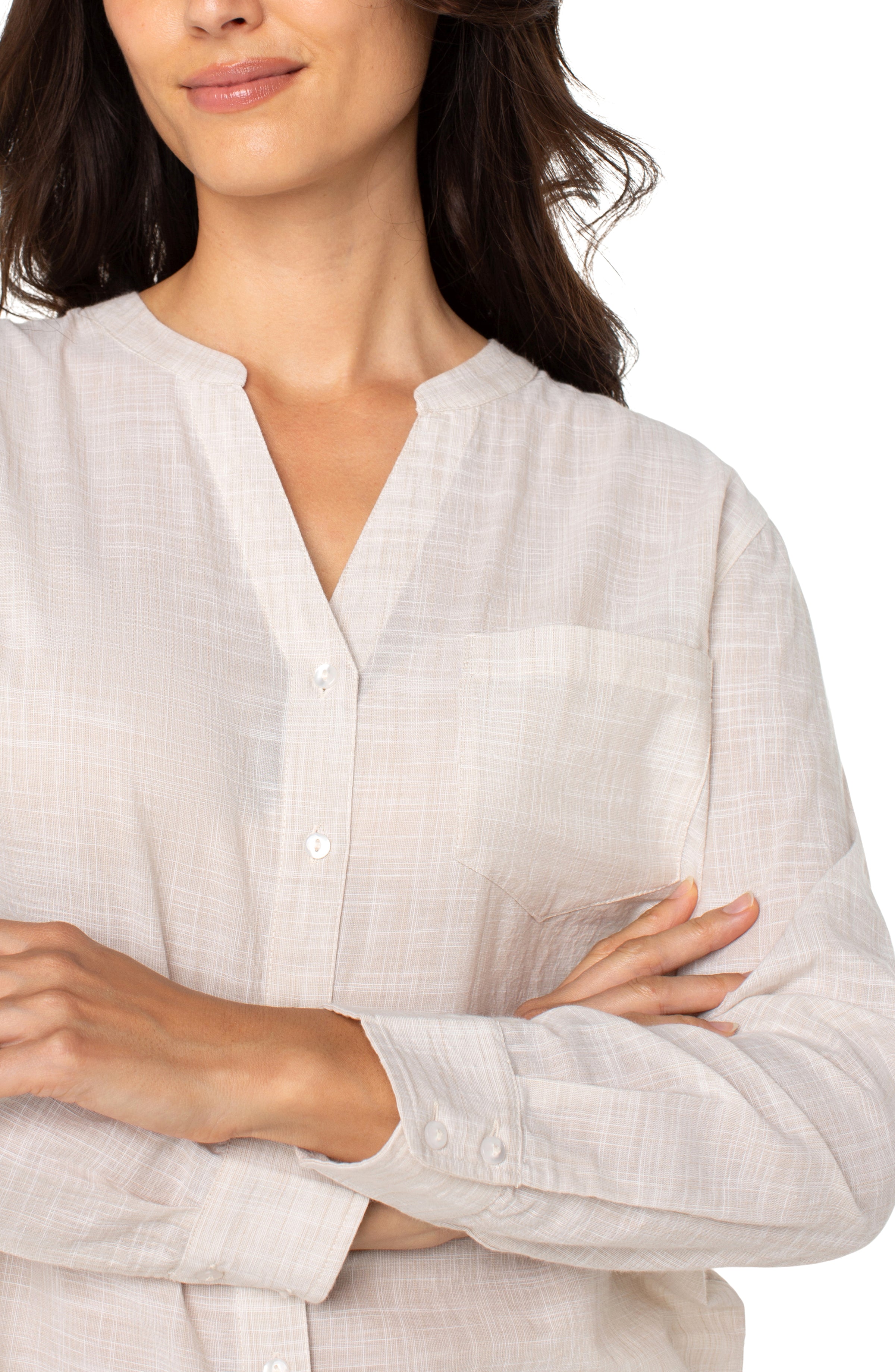 Button Front Woven Shirt With Banded Collar