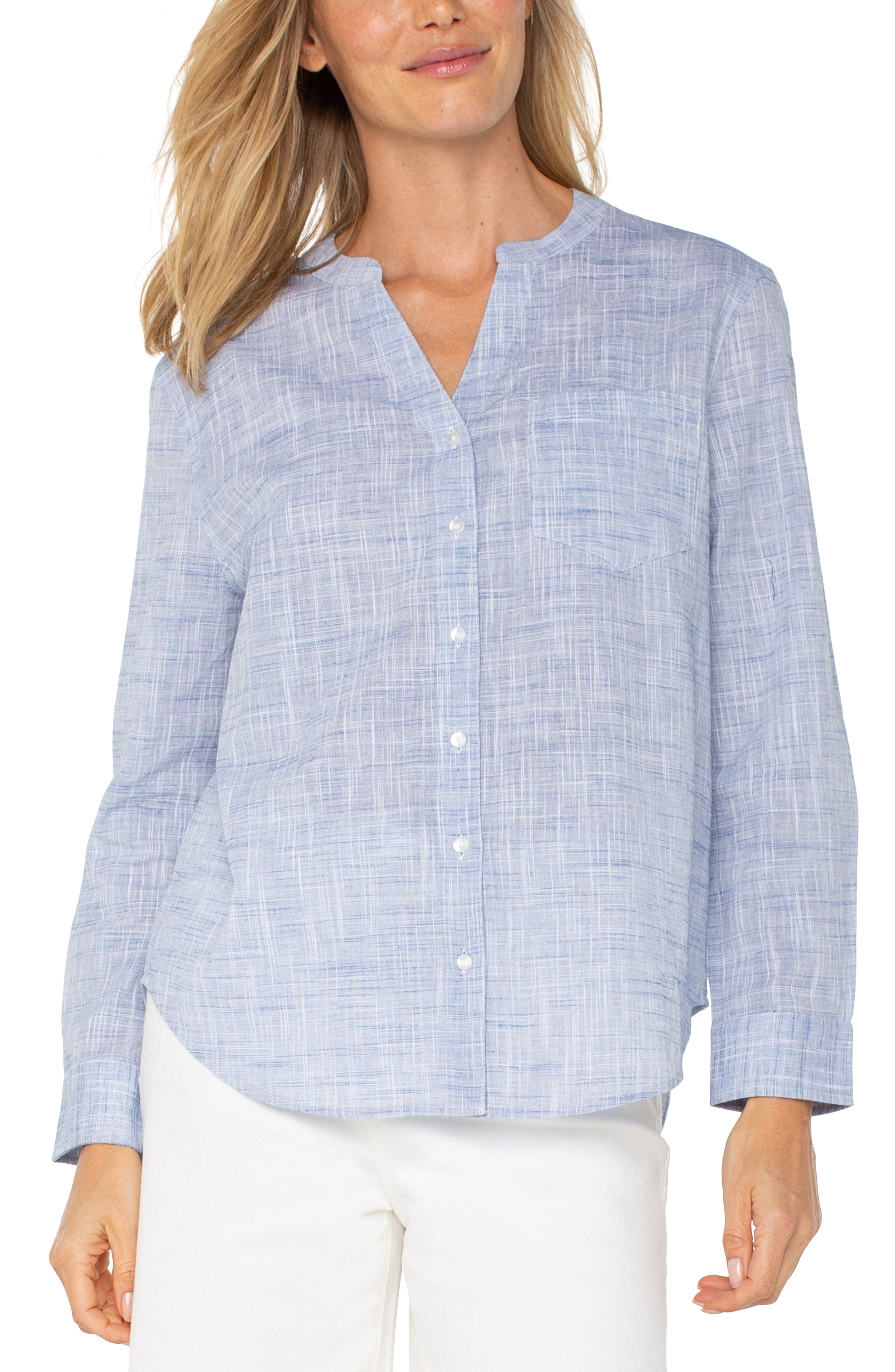 Button Front Woven Shirt With Banded Collar