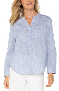 Button Front Woven Shirt With Banded Collar