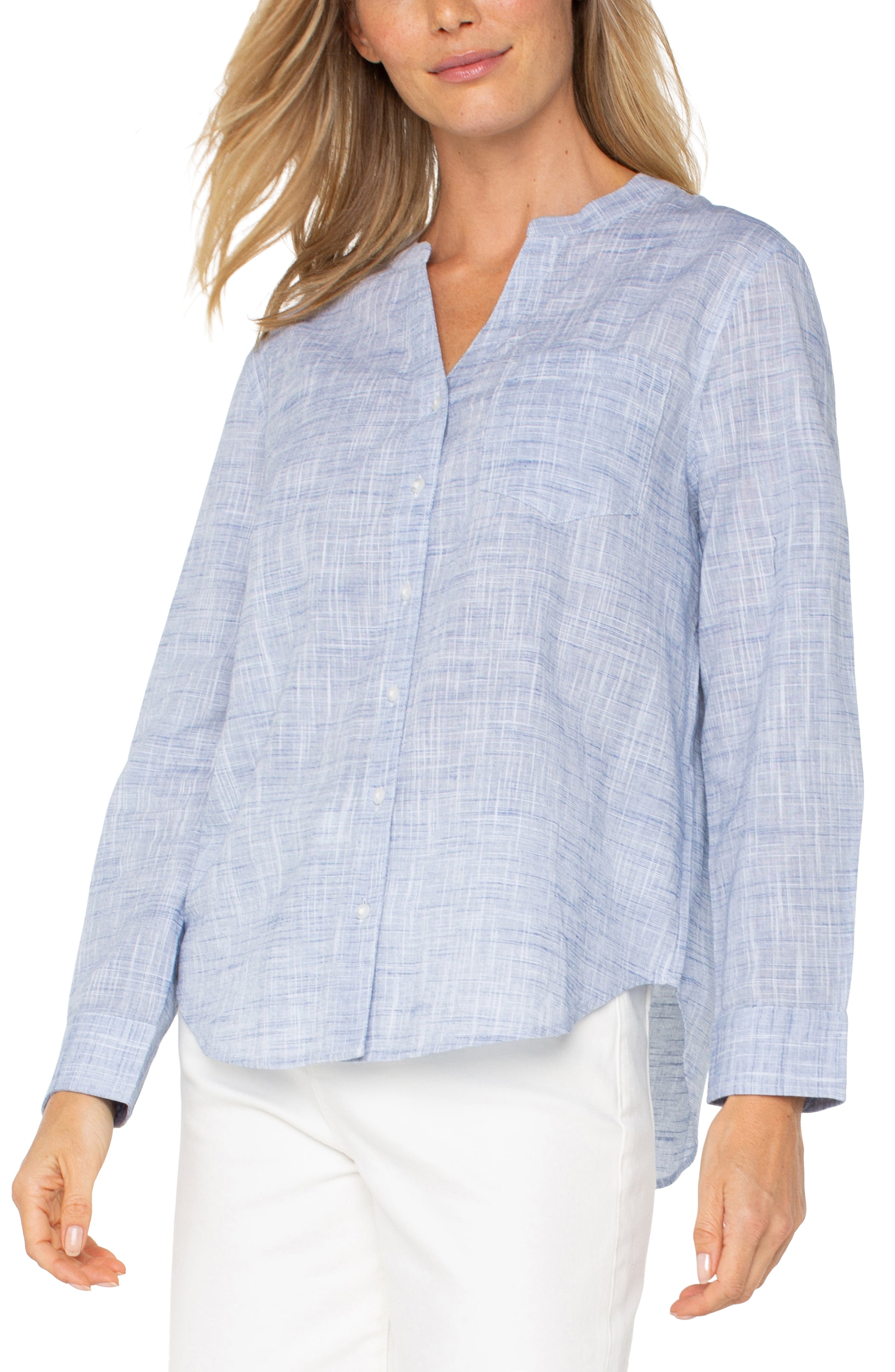 Button Front Woven Shirt With Banded Collar