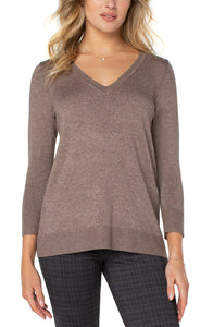 3/4 Sleeve V Neck Sweater with Pique
