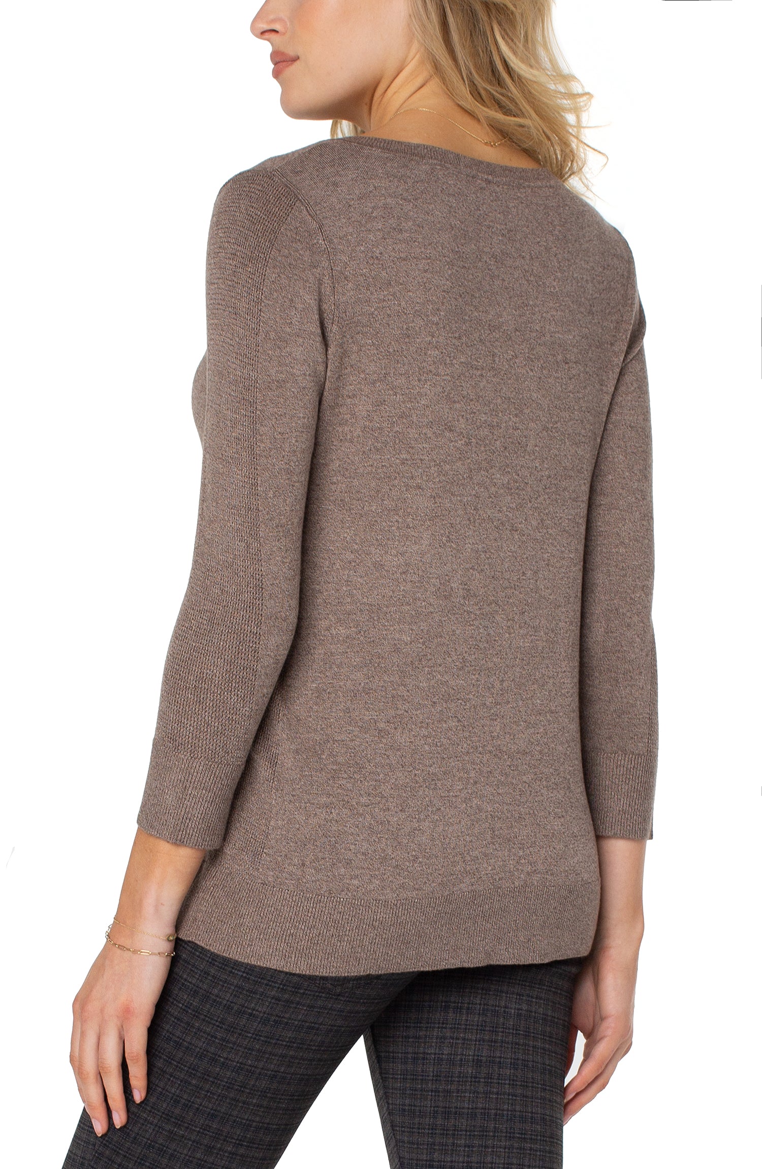 3/4 Sleeve V Neck Sweater with Pique